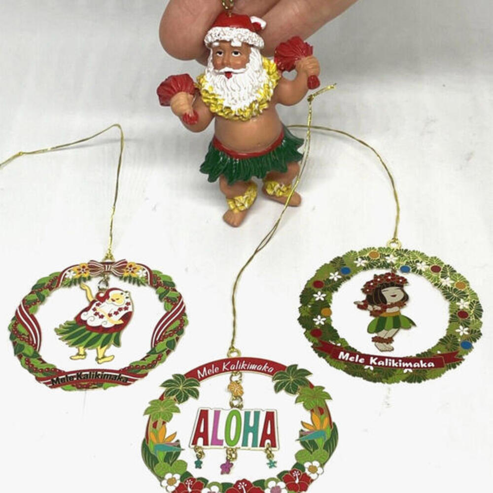 Hawaiian Christmas Ornaments 4 Pc Lot Mele Kalikimaka Aloha Santa Brass
